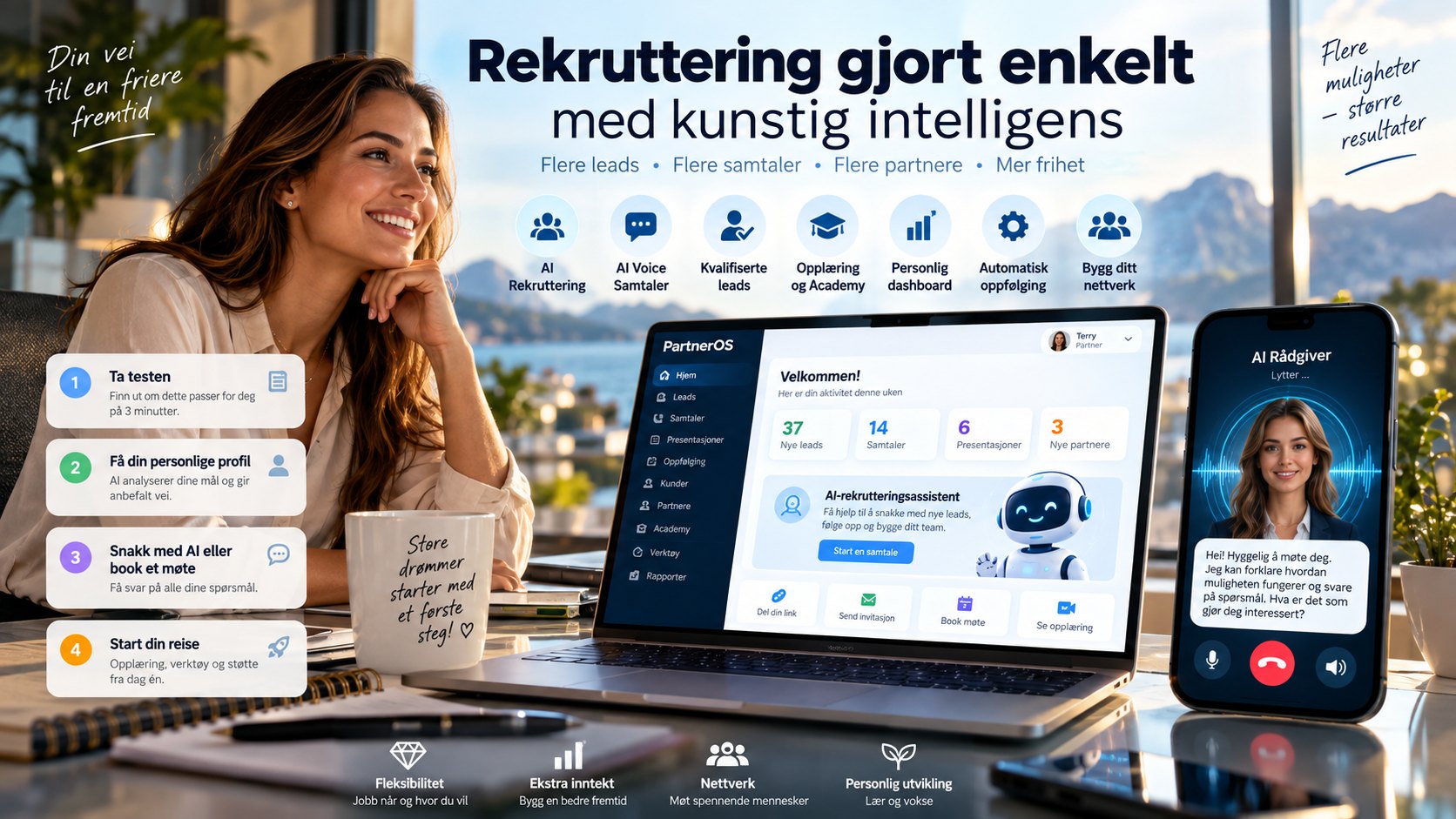 Rekruttering gjort enkelt med kunstig intelligens. Flere leads, flere samtaler, flere partnere, mer frihet. Fire steg: ta testen, få din personlige profil, snakk med AI eller book et møte, start din reise.